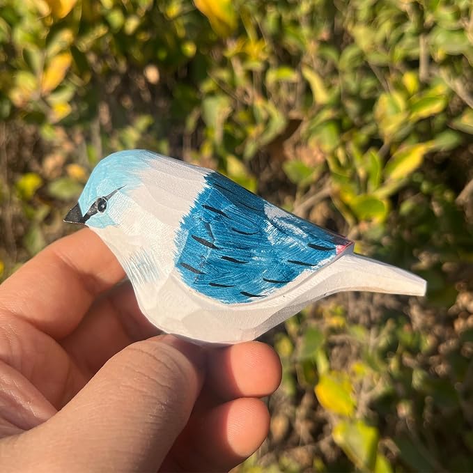 H&Zebrabro Hand Carved Bird Figurines, Hand-Painted Sculpted Wooden Birds, Wood Bird Sculptures for Home Decoration, Hand Crafted Life Like Bird Statues, Ideal Gifts for Bird Lovers (Azure Tit)