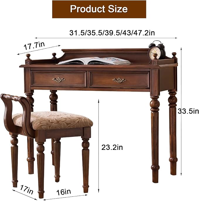 Mid-Century Home Office Desk with 2 Drawers,Vanity Dressing Table with Vanity Stool,Solid Wood Wide Writing Study Desk,Vanity Dressing Table with Storage,Computer Desk for Bedroom, Living Room(Brown)