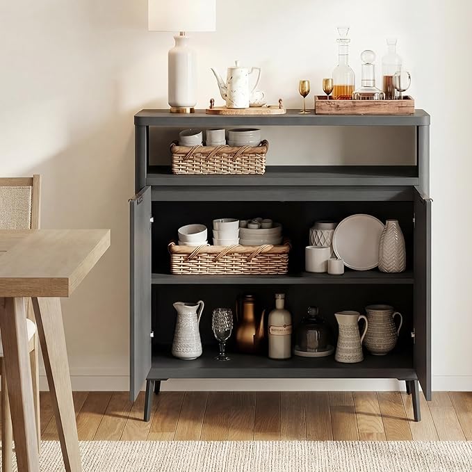 Buffet Sideboard Cabinet with Storage, Fluted Coffee Bar with 2 Doors and Adjustable Shelves, 34'' Modern Wood Cabinet for Dinning Room, Kitchen, Living Room,Coffee Bar (Black Grey)