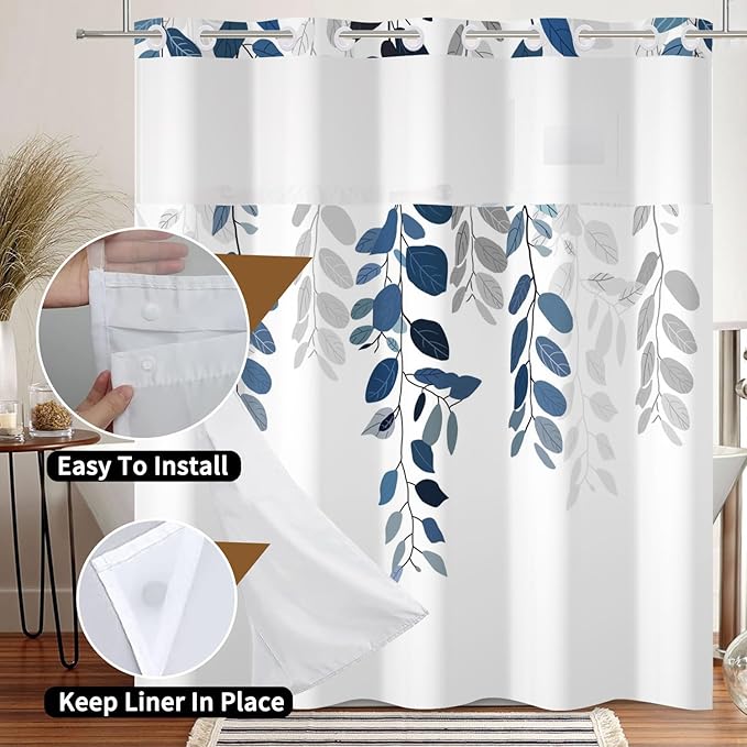 No Hook Eucalyptus Shower Curtain with Snap in Liner Blue Leaves Plant Shower Curtain with Liner Double Layers Hotel Fabric Washable 71x74 Inch