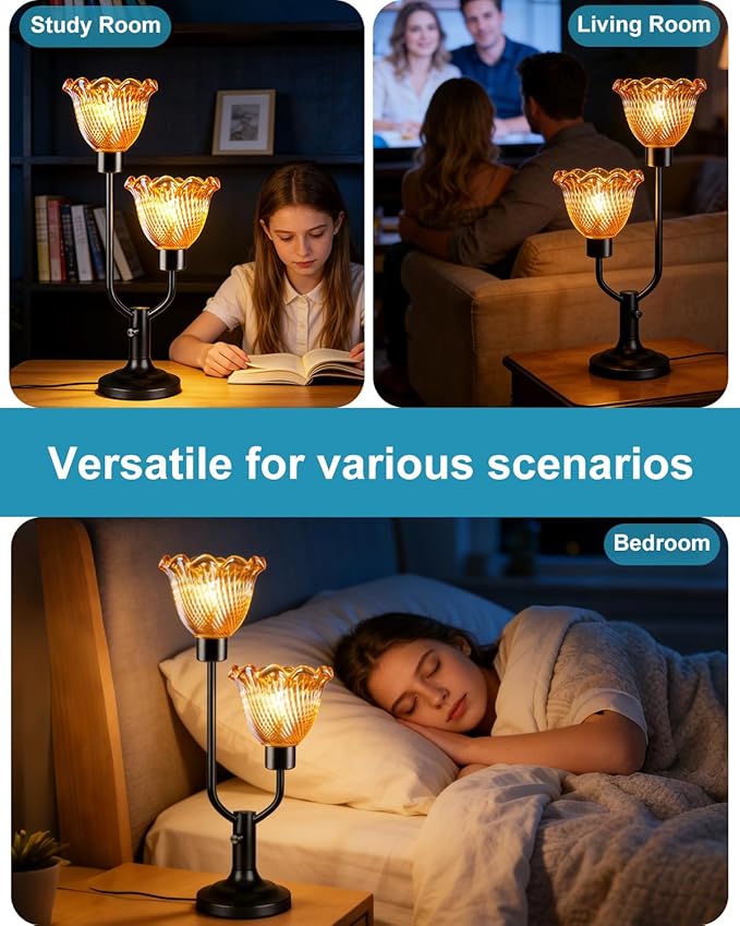 Lightdot Vintage Table Lamp for Living Room Dimmable Mid Century Modern Desk Lamp Flower Amber Glass Black Nightstand Lamp 2 Bulbs Included Warmwhite Ambient Bedside Lamp for Bedroom Home Office Decor