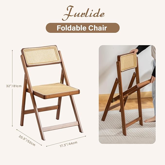 Furlide Rattan Folding Chair, Modern Mid Century Dining Chairs Set of 1, Comfy Outdoor Bamboo Chairs for Bedroom Living Room Reading Room Dining Kitchen, Walnut