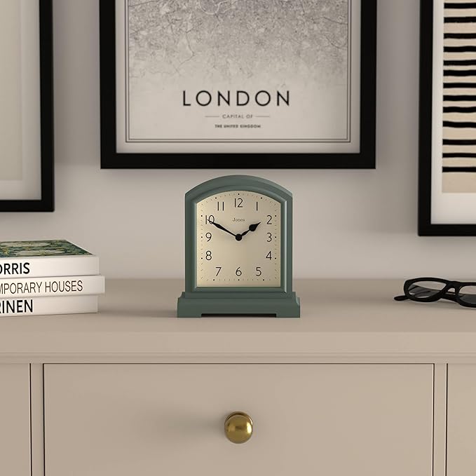 JONES CLOCKS® Tavern Mantel Clock | Modern Arch top Design | Asparagus Green | Contemporary Classic Style for Desk, Table, Shelf or Bedside