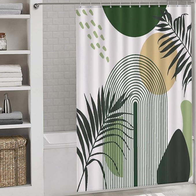 Boho Mid Century Sun Shower Curtain Printed Modern Rainbow Leaves Green Design Washable Waterproof Fabric for Bathroom Decor Bathtub with 12 Hooks 55x72in（140x183cm）
