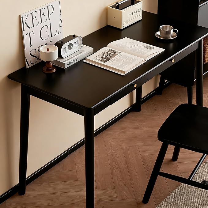 Mid Century Modern Desk, Wood Home Office Computer Desk with 2-Drawers, Vintage Writing Desk Workstation for Study, Bedroom(47.2 inch, Black)