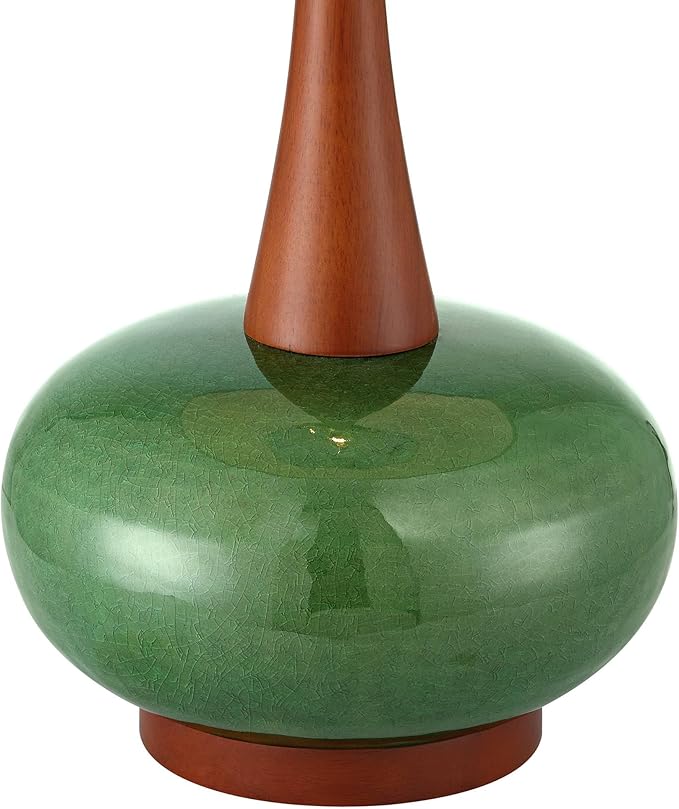 360 Lighting Andi 25" High Mid Century Modern 3-Way Table Lamp Green Ceramic Wood Finish Single Fabric White Shade Cottage Core Living Room Bedroom Bedside Nightstand House Office Colors May Vary