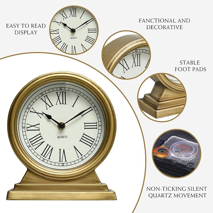 EMAX HOME Vintage Gold Mantle ClockTable for Living Room Decor Table Clock Decorative Battery Operated Table Top Shelf Clock