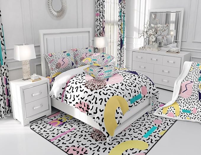 Manfei Memphis Comforter Set Twin Size, Vintage Hip Hop Quilt Set with 1 Pillowcase, Retro 80s or 90s Geometric Fashion Style Bedding Set 2pcs for Kids Boy Girls Lightweight Duvet Insert