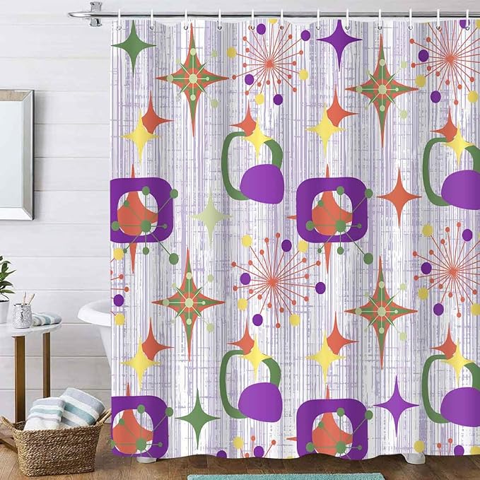 Mid Century Shower Curtain, 72x78inch, Modern Abstract Retro Purple Striped Geometric Shower Curtain Sets 1950s Boho Bathroom Shower Curtain with 12 Hooks