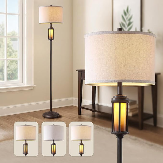65'' Farmhouse Floor Lamp for Living Room Bedroom with 2 Light Sources, Rustic Vintage Tall Standing Lamp with Amber Nightlight for Home Office Corner, Bulbs Included