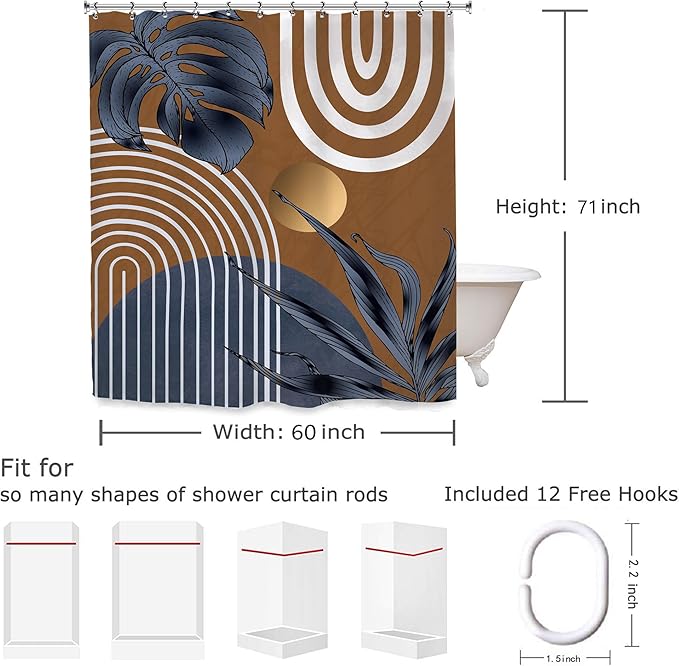 Yookeb Abstract Navy Blue Brown Bathroom Shower Curtain 60W by 71H Inch Modern Minimalist Mid Century Plant Leaves Aesthetic Neutral Vintage Contemporary 12 Plastic Hooks Waterproof Decor