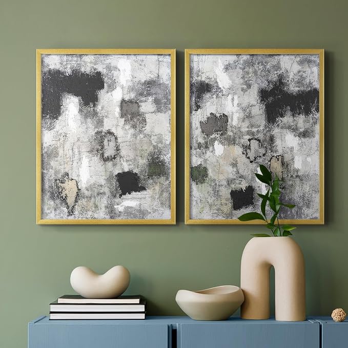 Renditions Gallery Set of 2 Peel & Stick Framed Prints, Abstract Wall Art, Hand Painted Black and White Pattern Wall Decor, Re-Stickable - Ready to Hang - 22"x28" - GOLD Frame LT588