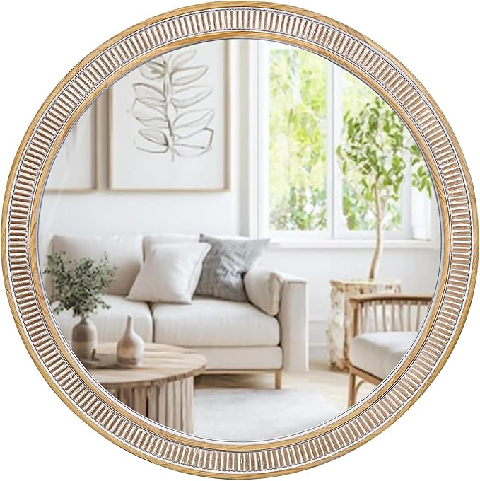 Round Wood Mirrors for Wall Decor, 30 Inch Rustic Farmhouse Circle Decorative Mirror for Bathroom, Living Room, Foyer, Entryway, Bedroom