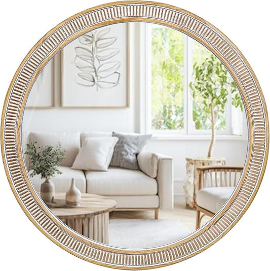 Round Wood Mirrors for Wall Decor, 30 Inch Rustic Farmhouse Circle Decorative Mirror for Bathroom, Living Room, Foyer, Entryway, Bedroom