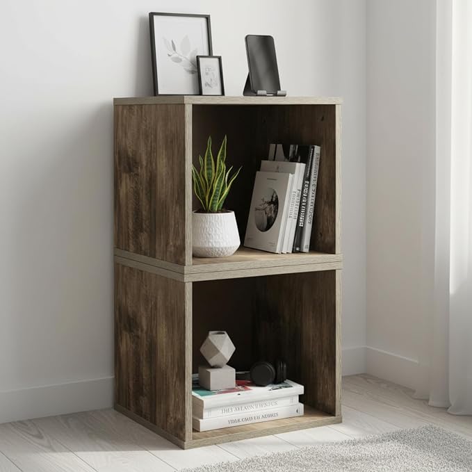 Lavish Home Cube Storage Organizer – Set of 2 Modular Stackable Bookshelf, Customizable Cube Shelf Bookcase, Nightstand or End Table for Living Room, Bedroom, Dorm (Gray Woodgrain)