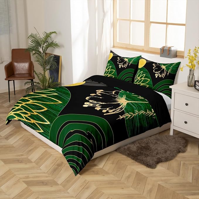 Erosebridal Mid Century Modern Twin Comforter Cover for Kids Teens Adults - Green and Black Abstract Duvet Cover Boho Minimalist Aesthetic Bed Set Chic Modern Geometric Bohemian Floral Bedding Set