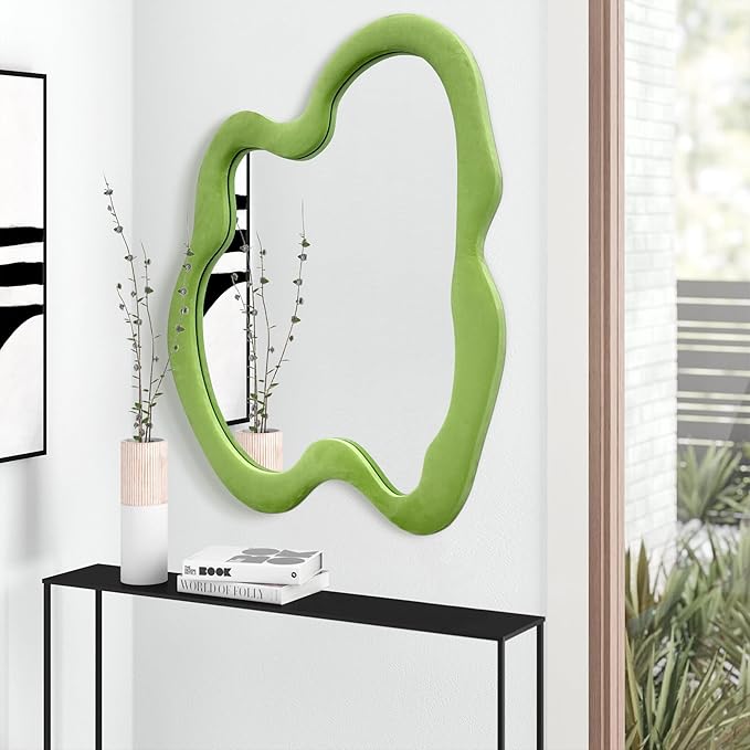 Irregular Wall Mirror, 28"x 36" Green Wavy Mirror, Flannel Wrapped Wooden Frame Asymmetrical Decorative Mirrors, Modern Wall Mirror for Bedroom Living Room Entryway