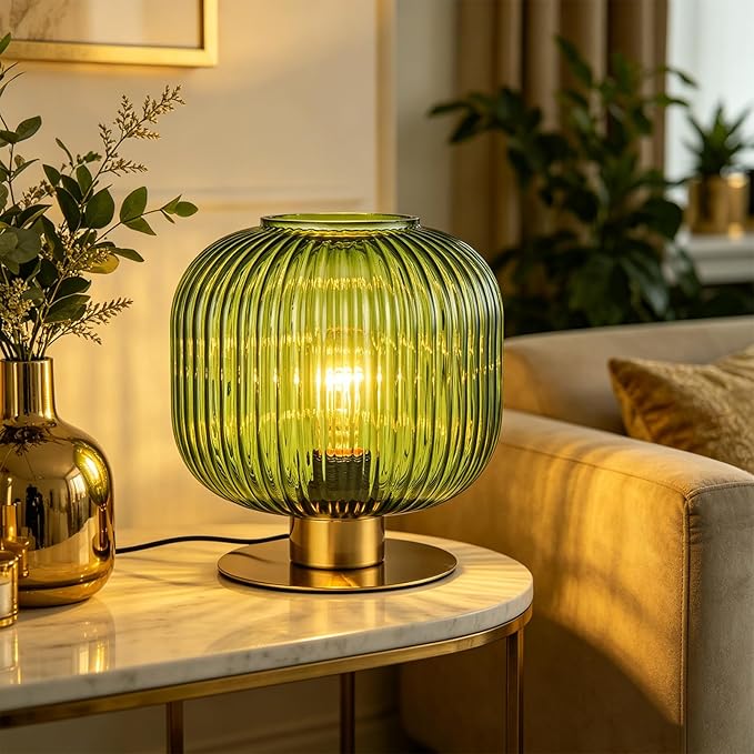Mid Century Modern Glass Table Lamp, Ribbed Green Bedside Lamp with Gold Metal Base, Decorative Desk Light for Bedroom, Living Room, Office, Retro Aesthetic Nightstand Lamp