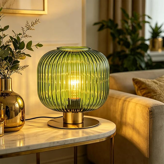 Mid Century Modern Glass Table Lamp, Ribbed Green Bedside Lamp with Gold Metal Base, Decorative Desk Light for Bedroom, Living Room, Office, Retro Aesthetic Nightstand Lamp
