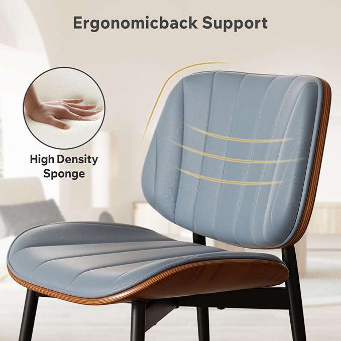 Dining Chairs Set of 8, Mid Century Modern Dining Room Chair, Upholstered Faux Leather Kitchen Chairs with Walnut Bentwood Back and Metal Legs for Kitchen Dining Room Living Room, Blue