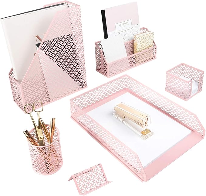 BLU MONACO Pink Desk Organizer Set | 6-Piece Metal Desktop Accessories | Mail Sorter Organizer Countertop | Letter Sorter for Desk | Mesh Pen Holder | Home Office or Dorm