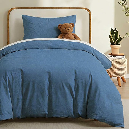 LOVQUE 100% Washed Cotton Duvet Cover Twin Size, Denim Blue Fade-Resistant Natural Bedding Set (No Comforter), 68x90 Inches