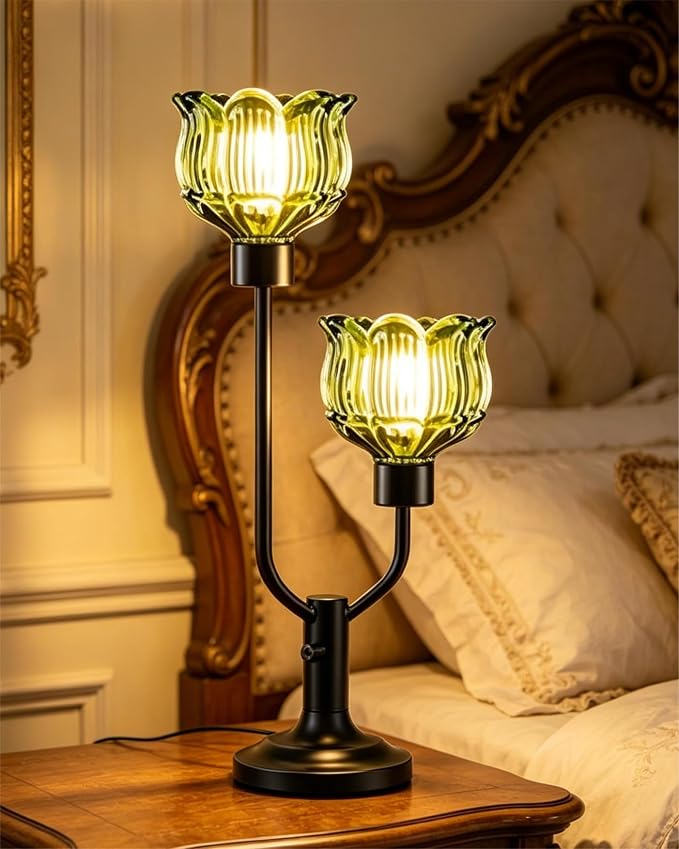 Lightdot Vintage Green Glass Table Lamp for Bedroom Dimmable Mid Century Modern Desk Lamp Black Flower Nightstand Lamp 2 Bulbs Included Warmwhite Ambient Bedside Lamp for Living Room Home Office Decor