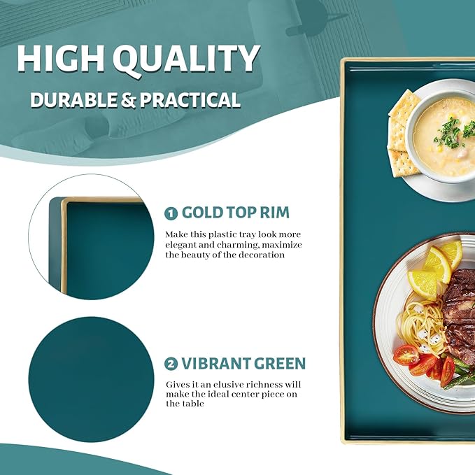 MAONAME Teal Serving Tray with Handles, Modern Decorative Tray for Coffee Table, Plastic Rectangular Trays for Ottoman, Bathroom, Decor, 15.8” x 10.2” x 1.4"