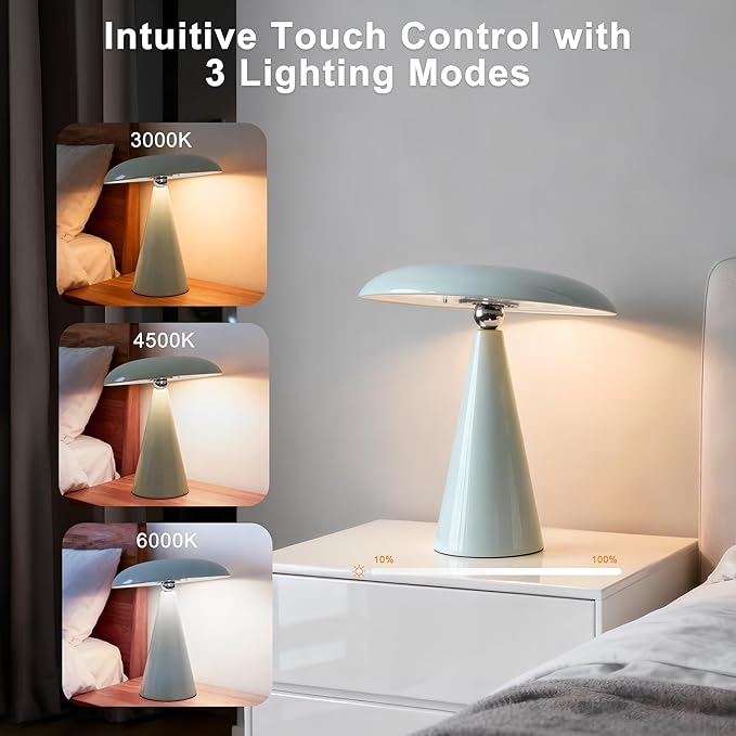 Mushroom Lamp Mid Century Modern Table Lamp, LED Cordless Rechargeable Bedside Light, Dimmable Touch 3-Color Temp, Retro Small Lamp for Bedroom, Living Room，Aesthetic Decor (Green)