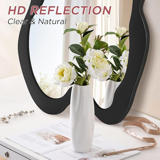 Irregular Wall Mirror - 24" x 32" Asymmetrical Wavy Mirror, Modern Decorative Wall Mirror with Black Wood Frame for Bedroom, Living Room, Entryway, Bathroom, Cloakroom