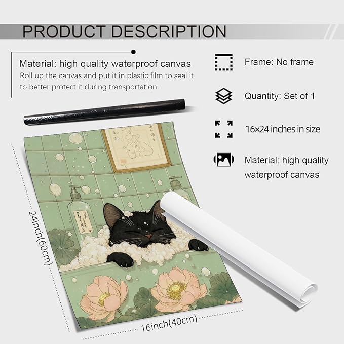 EOLRCIG Black Cat in Bathtub Poster Vintage Japanese Bathroom Wall Art Funny Cute Animal Canvas Prints for Bedroom Restroom Toilet Wall Decor 16X24 inch Unframed