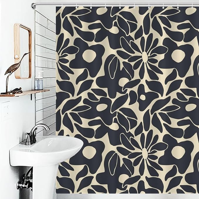 Mid Century Abstract Flower Shower Curtain Vintage Boho Black Floral Art 70s Pattern Washable Waterproof Fabric for Bathroom Decor Bathtub with 12 Hooks 66x72in（168x183cm）