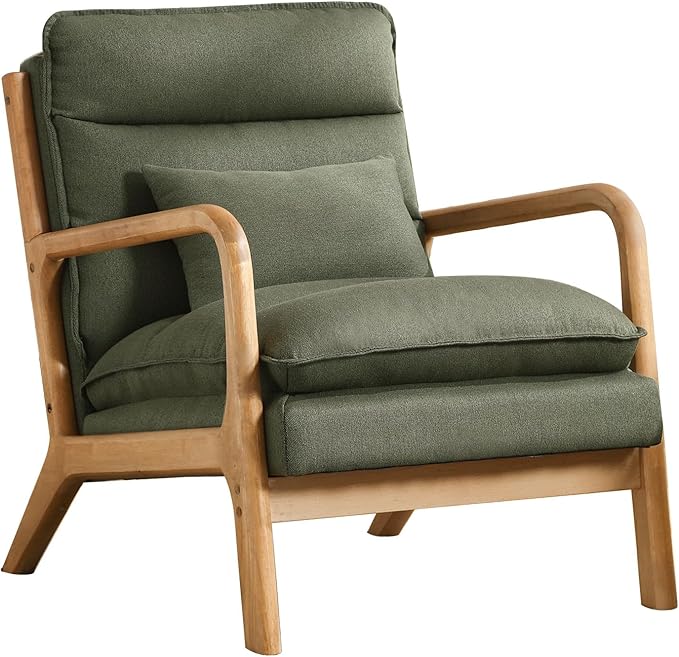 Mid Century Modern Accent Chair, Upholstered Lounge Armchair with Plump Back Pillow, Comfy Reading Chair with Solid Wood Frame for Bedroom Living Room, Green