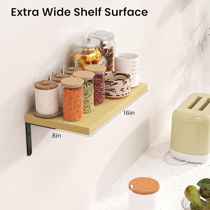 Marsmiles Extra Wide Floating Shelves for Wall, 16x8 Inch Natural Wood Grain Bookshelves, Heavy Duty Mounted Shelving for Bathroom, Kitchen, Living Room, Bedroom,Set of 2，Oak
