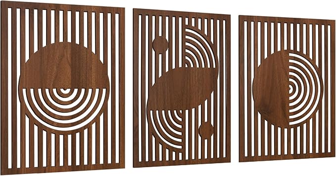 pechpell Set of 3 Mid Century Modern Wall Art, 15.7×11.8 Inch Brown Wooden Abstract Wood Wall Panels, Minimalist Geometric Decor for Living Room Bedroom Rustic Farmhouse Home Decorations