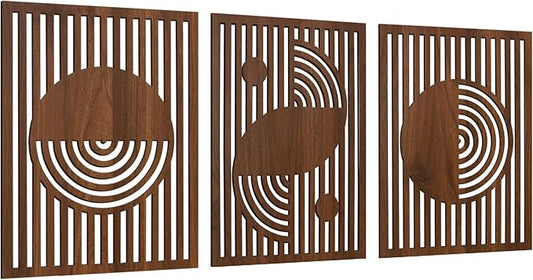 pechpell Set of 3 Mid Century Modern Wall Art, 15.7×11.8 Inch Brown Wooden Abstract Wood Wall Panels, Minimalist Geometric Decor for Living Room Bedroom Rustic Farmhouse Home Decorations