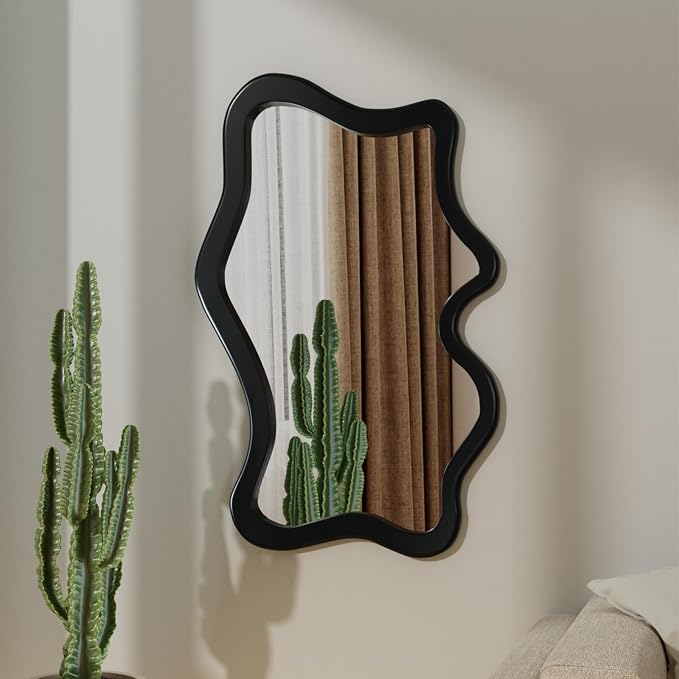 43"x 28" Irregular Wall Mirror, Black Wood Framed Wall Mirror, Asymmetrical Wall Wavy Mirror for Living Room Bedroom Entryway Bathroom Modern Decorative Mirror with Hanging Hooks