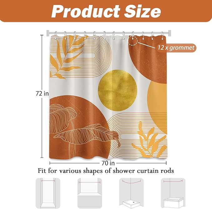 Orange and Gold Shower Curtain Burnt Orange White Shower Curtains for Bathroom Decor Boho Mid Century Bath Curtain Set, Waterproof Fabric with Hooks 70 x 72 Inch