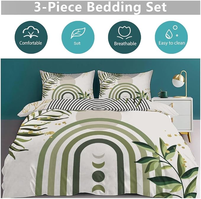 Boho Green Leaf Bedding Set,Abstract Bohemian Mid Century Aesthetic Comforter Set,Modern Simple Minimalist Geometric Plant Botanical Palm Leaf Bed Sets,King 102"x90"