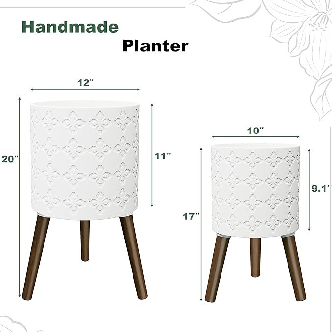Planter with Stand,Set of 2 – Large Indoor Plant Pots & Drainage, Matte White