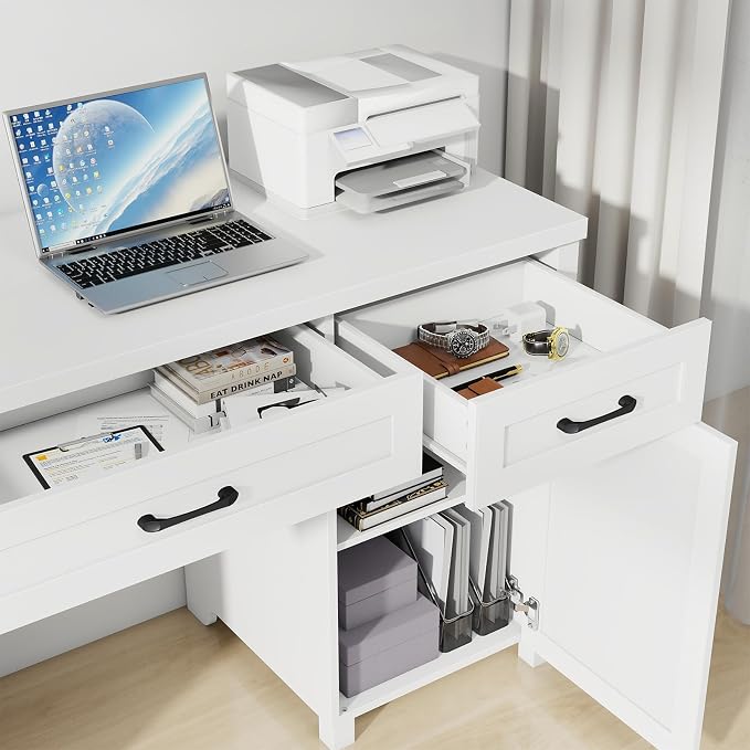 Vabches Farmhouse 61'' Executive Desk with 5 Drawers, Rustic Office Desk Computer Table with File Drawers and Storage Cabinet, Wood Workstation for Study and Home Office,(Cream White)