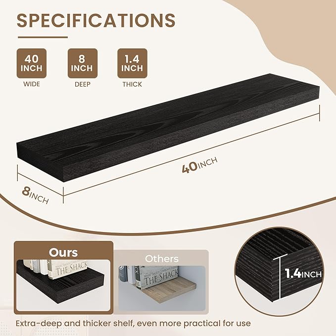 Dreamland Deep Floating Shelves, 8" Deep Long Shelves Set of 2, 40 Inches Floating Shelf for Wall,Large Display & Storage Shelf for Bathroom Bedroom Living Room Kitchen Office, Black