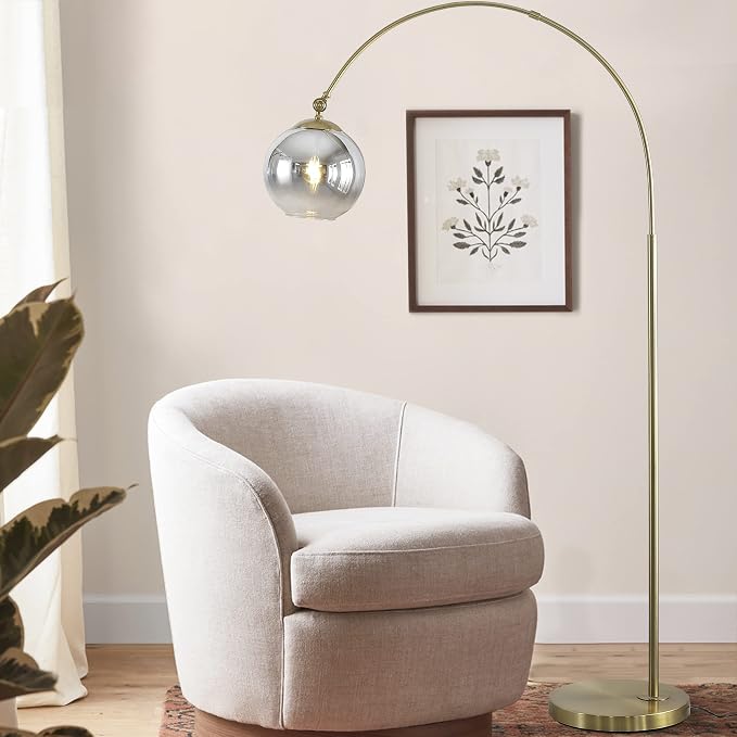 JONATHAN Y 71" Brass Gold Nora Arc Floor Lamp, Mid-Century Modern Standing Light, Vintage Iron LED Arched Reading Lamp with Mercury Glass Shade, LED Bulb Included JYL3089A