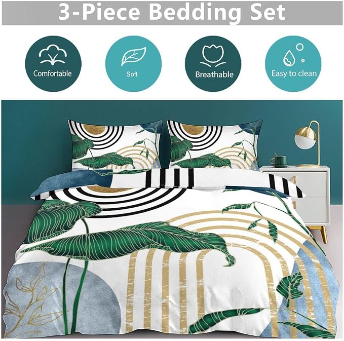 Mid Century Leaves Bedding Set,Modern Abstract Tropical Monstera Palm Leaf Plant Minimalist Spring Summer Bohemian Geometric Comforter Set with Pillowcase for Bedroom Bed Decor,Full 79"x90"