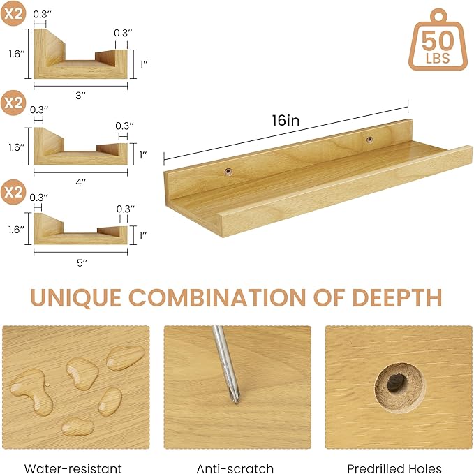 Floating Shelves Set of 6, 16 Inch Picture Ledge Shelf with Lip for Wall, Wall Mounted Display Shelf for Living Room, Bedroom, Nursery, Bathroom, Kitchen, Oak