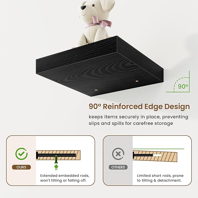 Square Floating Shelves for Wall, 9.25"W x 9.25"D x 1.25"H, 3 Pack Small Wall Mounted Engineered Wood Shelves with Invisible Brackets for Living Room, Bedroom, Bathroom, Kitchen Decor, Black