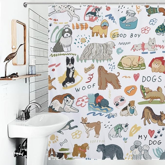 Dog Print Shower Curtain Different Types Cartoon Puppy Dog Pattern Duty Fabric Shower Curtains Set Bathroom Polyester Waterproof with 12 Hooks,72x72Inch（183x183cm）