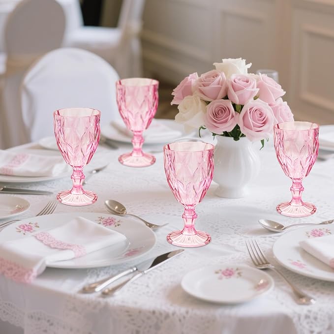 24 Pack Vintage Wine Glasses, Plastic Reusable 12 Ounce Colored Water Goblets, Unique Embossed Pattern Unbreakable Stemmed Wine Glasses High Clear Wedding Party Bar Drinking Cups Pink