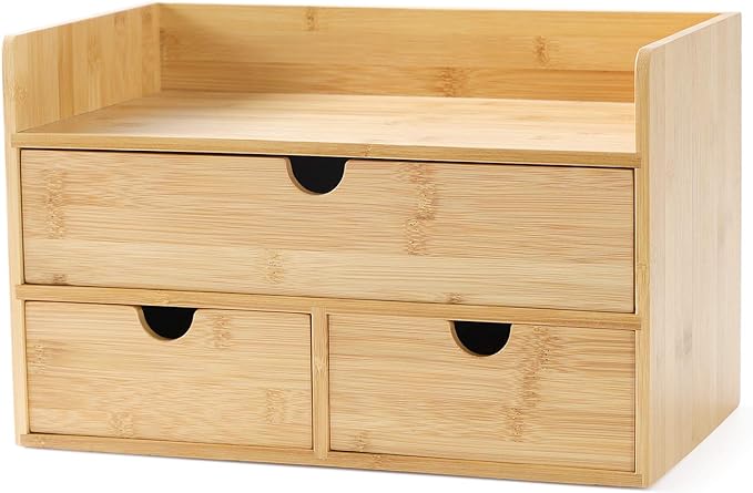 Wisuce Bamboo Desk Organizer, Mini Desktop Drawer Tabletop Storage Organization Box for Office Home Toiletries Supplies Vanity, No Assembly Required (3 Drawer with Shelf)