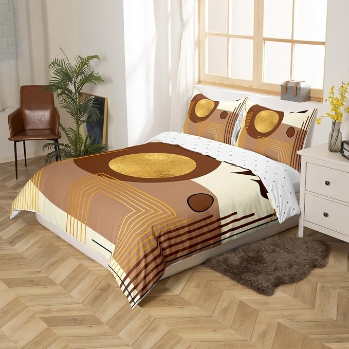 Erosebridal Mid Century Modern Duvet Cover Full Size Brown Abstract Boho Comforter Cover Minimalist Aesthetic Neutral Bedding Set Botanical Leaves Simple Bed Set